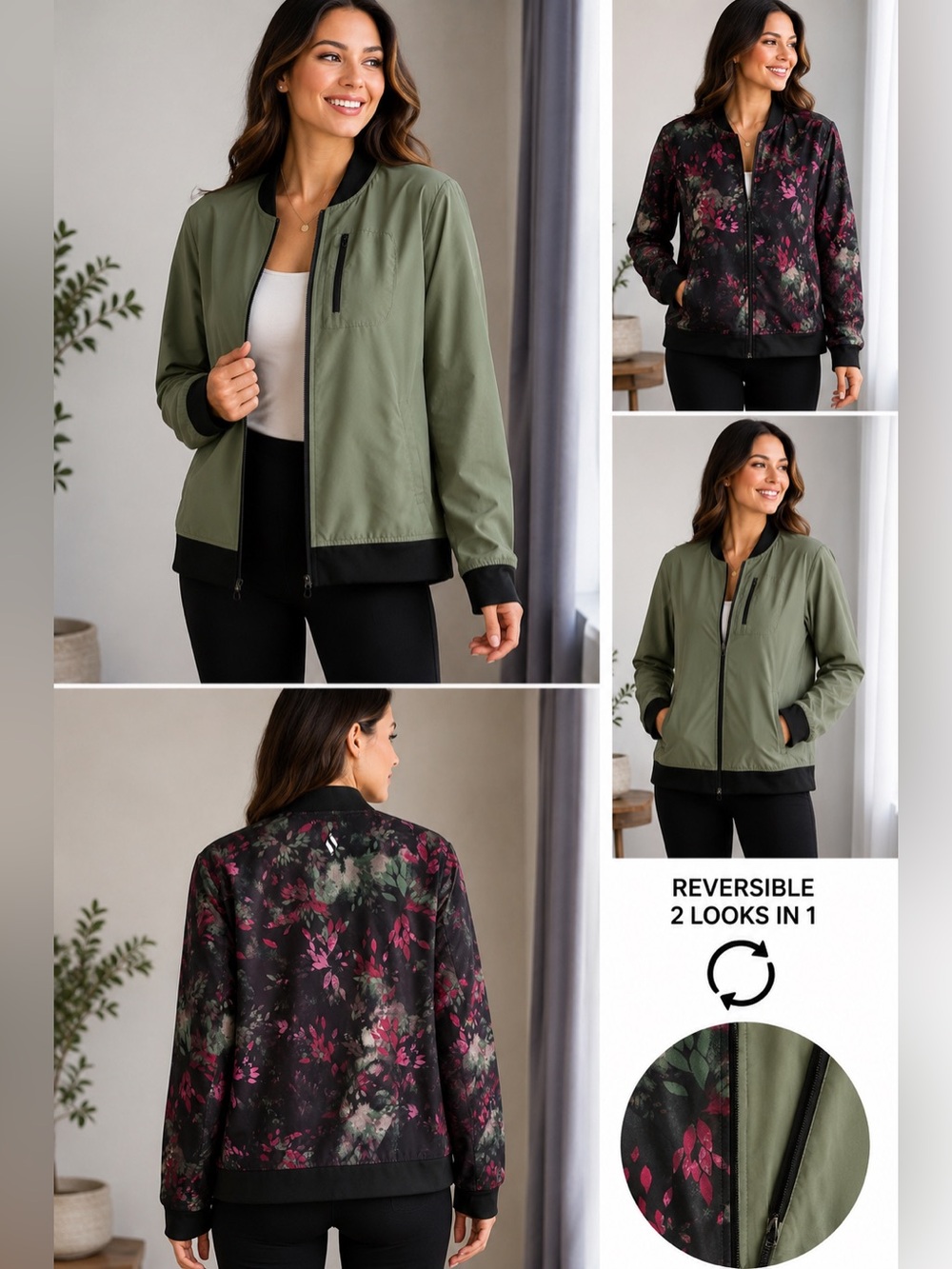 Skechers Reversible Olive Green and Black Floral Bomber Jacket